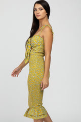 Yellow Floral Tied Front Cutout Smocked Dress