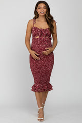 Burgundy Floral Tied Front Cutout Smocked Maternity Dress