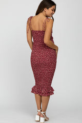 Burgundy Floral Tied Front Cutout Smocked Maternity Dress