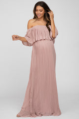 Mauve Chiffon Pleated Off Shoulder Maternity Maxi Dress