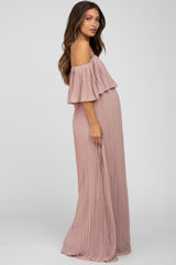 Mauve Chiffon Pleated Off Shoulder Maternity Maxi Dress