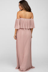 Mauve Chiffon Pleated Off Shoulder Maternity Maxi Dress