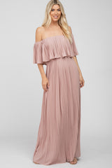 Mauve Chiffon Pleated Off Shoulder Maternity Maxi Dress