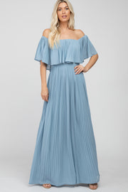 Light Blue Chiffon Pleated Off Shoulder Maxi Dress