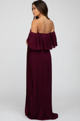 Burgundy Chiffon Pleated Off Shoulder Maternity Maxi Dress