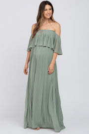 Light Olive Chiffon Pleated Off Shoulder Maternity Maxi Dress