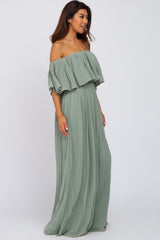 Light Olive Chiffon Pleated Off Shoulder Maxi Dress