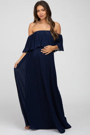 Navy Chiffon Pleated Off Shoulder Maternity Maxi Dress