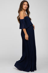 Navy Chiffon Pleated Off Shoulder Maternity Maxi Dress