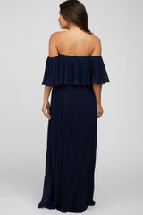 Navy Chiffon Pleated Off Shoulder Maternity Maxi Dress