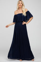 Navy Chiffon Pleated Off Shoulder Maternity Maxi Dress