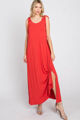 Rust Tie Strap Side Slit Maternity Maxi Dress