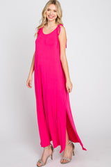 Fuchsia Tie Strap Side Slit Maxi Dress