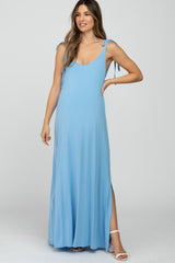 Light Blue Tie Strap Side Slit Maternity Maxi Dress