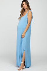 Light Blue Tie Strap Side Slit Maternity Maxi Dress