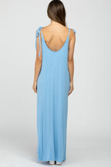 Light Blue Tie Strap Side Slit Maternity Maxi Dress