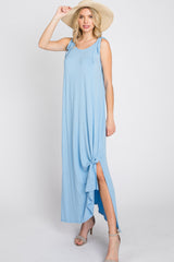 Light Blue Tie Strap Side Slit Maternity Maxi Dress