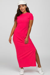 Hot Pink Ribbed Side Slit Maxi Dress