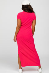 Hot Pink Ribbed Side Slit Maxi Dress