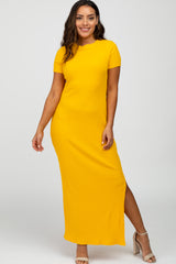 Yellow Ribbed Side Slit Maxi Dress