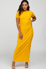 Yellow Ribbed Side Slit Maxi Dress