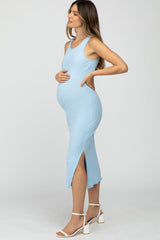 Light Blue Ribbed Maternity Midi Dress