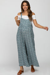 Teal Floral Overall Cropped Maternity Jumpsuit