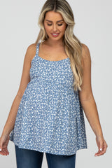 Blue Floral Ribbed Babydoll Maternity Top