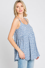 Blue Floral Ribbed Babydoll Top