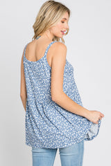 Blue Floral Ribbed Babydoll Top