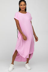 Pink Ribbed Rounded Hi-Low Hem Maternity Midi Dress