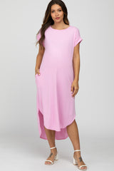 Pink Ribbed Rounded Hi-Low Hem Maternity Midi Dress