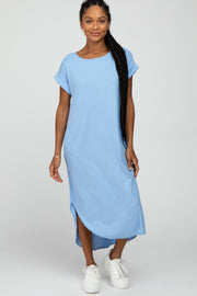 Blue Ribbed Rounded Hi-Low Hem Midi Dress