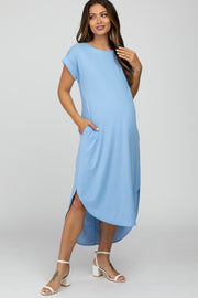 Blue Ribbed Rounded Hi-Low Hem Maternity Midi Dress