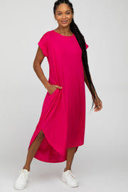 Fuchsia Ribbed Rounded Hi-Low Hem Midi Dress