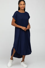 Navy Blue Ribbed Rounded Hi-Low Hem Maternity Midi Dress