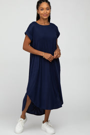 Navy Blue Ribbed Rounded Hi-Low Hem Midi Dress