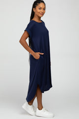 Navy Blue Ribbed Rounded Hi-Low Hem Midi Dress