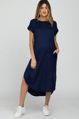 Navy Blue Ribbed Rounded Hi-Low Hem Maternity Midi Dress