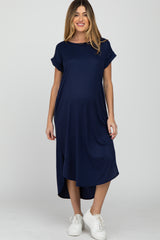 Navy Blue Ribbed Rounded Hi-Low Hem Maternity Midi Dress