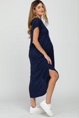 Navy Blue Ribbed Rounded Hi-Low Hem Maternity Midi Dress