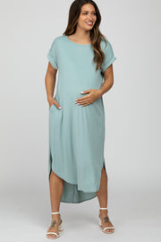 Mint Green Ribbed Rounded Hi-Low Hem Maternity Midi Dress