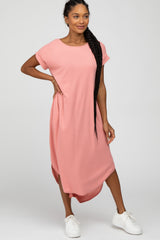 Peach Ribbed Rounded Hi-Low Hem Maternity Midi Dress