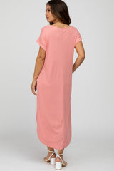 Peach Ribbed Rounded Hi-Low Hem Maternity Midi Dress