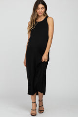 Black Solid Sleeveless Maternity Midi Dress