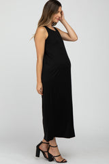 Black Solid Sleeveless Maternity Midi Dress