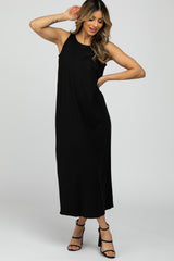 Black Solid Sleeveless Maternity Midi Dress