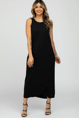 Black Solid Sleeveless Midi Dress