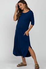 Navy Blue Round Hem Short Sleeve Maternity Midi Dress