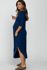 Navy Blue Round Hem Short Sleeve Maternity Midi Dress